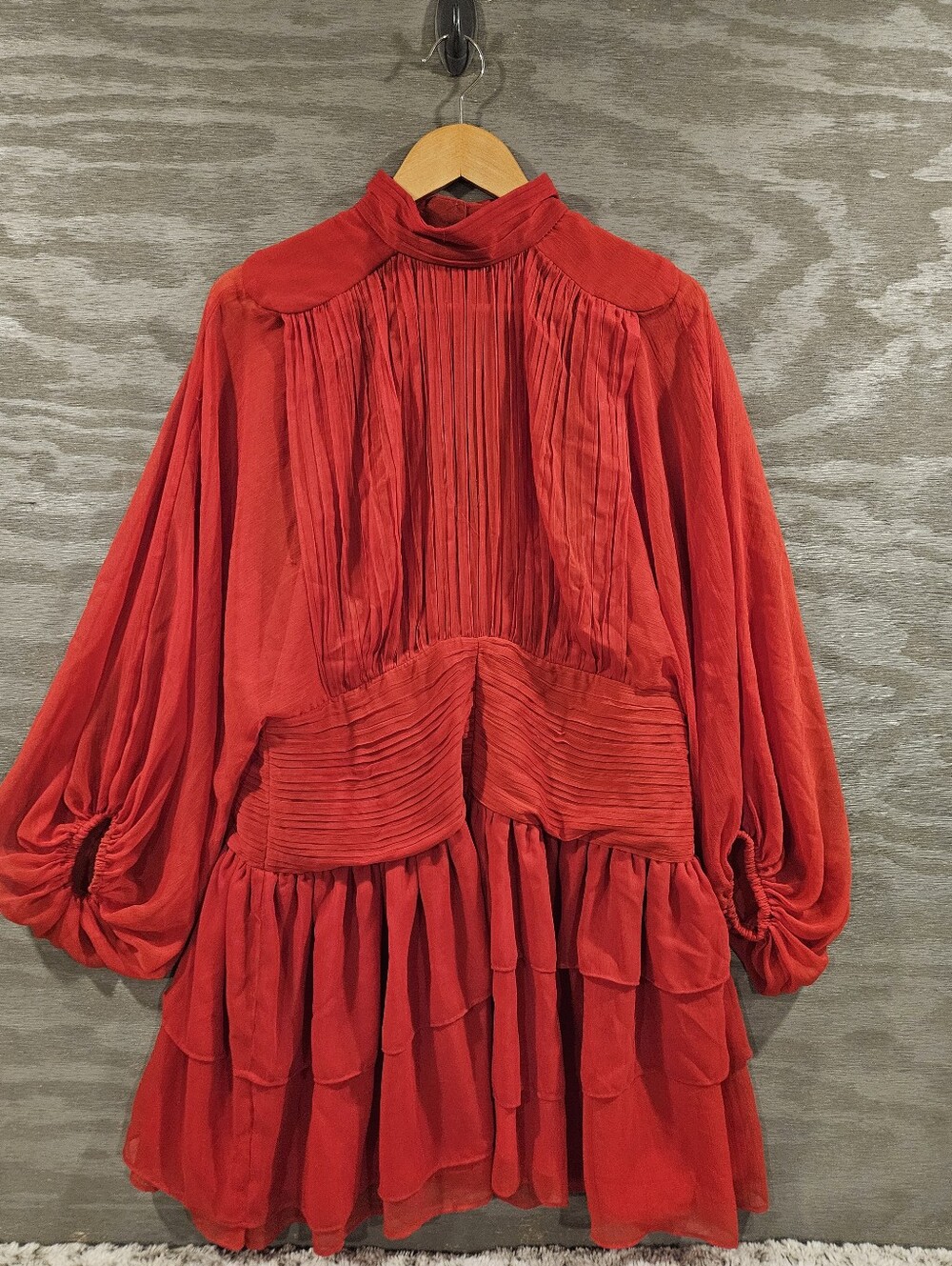 Express SZ 14 Red Mini Dress Lined Pleated Tiered Semi Sheer Balloon Sleeve - Picture 2 of 11
